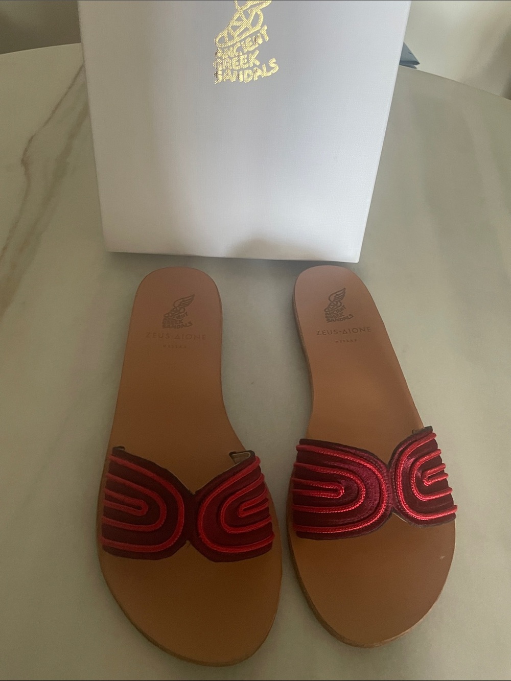 Zeus + Dione Ancient Greek Sandals Women's Red Embroidered Slide Sandals size 39